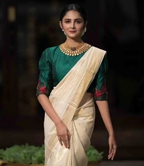 Kerala Saree with Green Blouse and High-neck